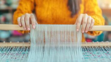 Woman's Hands Weaving Colorful Textile on a Wooden Loom Craft Hobby Handmade Textile Production photo