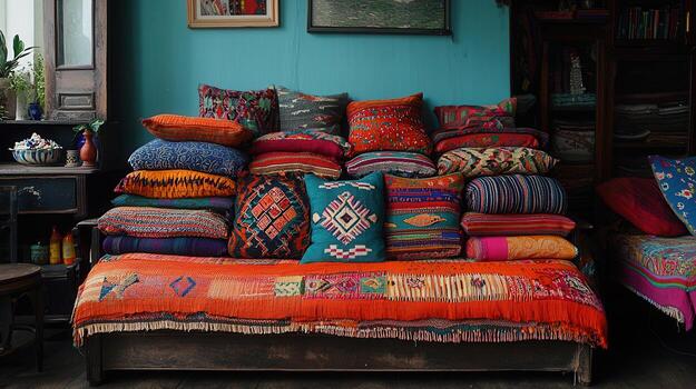 A Colorful Stack of Ethnic Throw Pillows on a Rustic Wooden Bench Bohemian Home Decor and Textiles photo