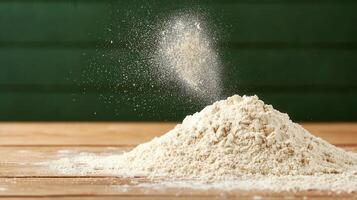 Pile of Flour on Wooden Table with Flour Dust Falling Down High quality image of baking ingredient photo