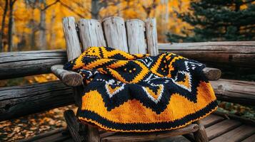 Cozy Knitted Throw Blanket on Wooden Chair Outdoors in Autumn Perfect for Fall Relaxation photo