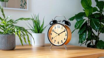 Stylish Wooden Alarm Clock on Table with House Plants Home Decor and Interior Design photo