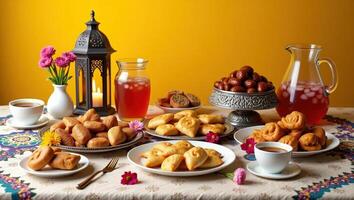 A table with various dishes of food and coffee photo