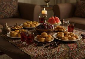 A table with a table cloth and a bunch of plates with food photo