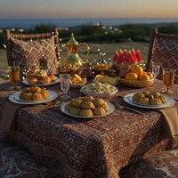 A table set with food and drinks on a table photo