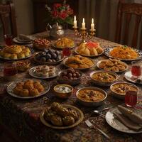 A table with many plates of food on it photo