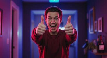 A man giving the thumbs up in a hallway photo