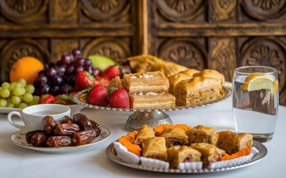 A table with various types of food and drinks photo