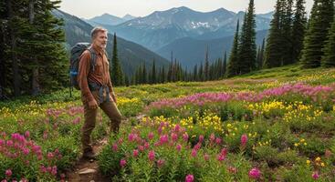A man with a backpack walks through a field of wildflowers photo