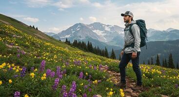 A man with a backpack standing in a field of wildflowers photo
