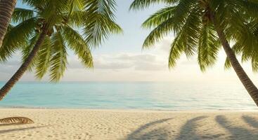 A beach with palm trees and a chair photo