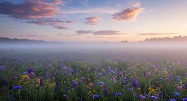 A field of wildflowers in the fog at sunrise photo