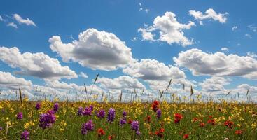 A field of wildflowers and clouds under a blue sky photo