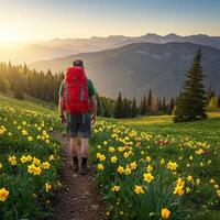 A man with a backpack walking through a field of flowers photo