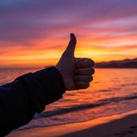 A person giving the thumbs up at sunset photo
