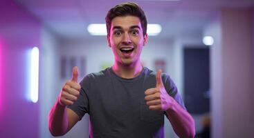 A man giving the thumbs up sign in an office photo