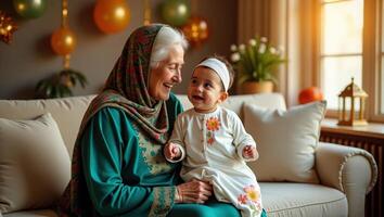 An elderly woman and her baby sitting on a couch photo