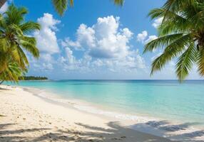 A tropical beach with palm trees and blue water photo