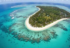 An aerial view of an island with a white sand beach photo