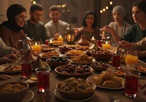 A group of people sitting around a table with food photo