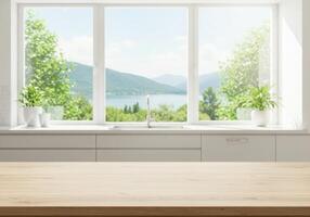 Empty kitchen with wooden table and window photo