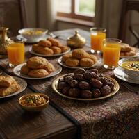 A table with a table cloth and a lot of food photo