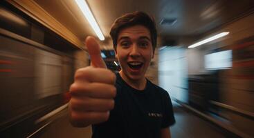 A man giving the thumbs up in a blurry photo