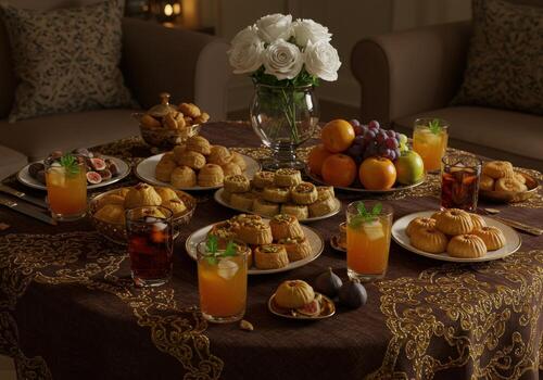 A table with a table cloth and a bunch of food photo