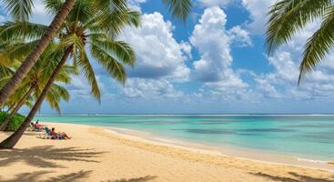 Tropical beach with palm trees and people relaxing on the sand photo