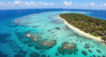 An aerial view of a tropical island with a small beach photo