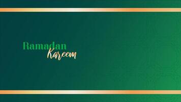 Dark green gradient background. Gold horizontal bands top and bottom. Calligraphic Ramadan Kareem text with gold effect. Subtle Islamic geometric pattern in the lower right corner. vector