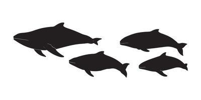 A graphic design featuring four black silhouettes of different sized whales, against a white background. vector