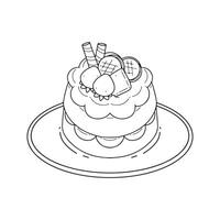Cake with ice cream and waffle cone. Hand drawn illustration vector