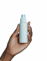 The image shows a hand holding a white bottle against a transparent background png
