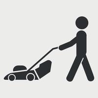black icon sign of man with lawn mower on white background vector