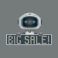 electronic robot with big sale sign isolated on white background vector