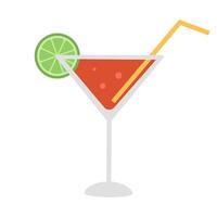 Cosmopolitan cocktail with lime slice and straw. Summer refreshing alcoholic drink with vodka, liquor and juice. Design for bar, restaurant, pub. Flat illustration isolated on white background vector