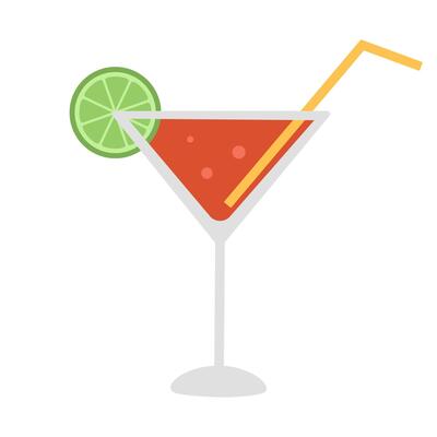 Cosmopolitan cocktail with lime slice and straw. Summer refreshing alcoholic drink with vodka, liquor and juice. Design for bar, restaurant, pub. Flat illustration isolated on white background