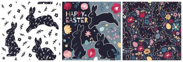 Happy Easter set of Colorful modern illustrations with rabbits, eggs, and flowers vector