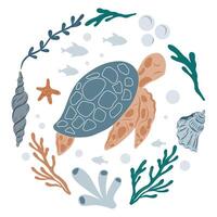 Turtle surrounded by coral, bubbles, seaweed, algae and underwater elements. Circle composition. Illustration with marine animal vector