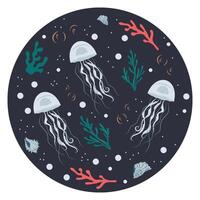 Jellyfishes surrounded by coral, bubbles, seaweed, algae and underwater elements in a circle. Illustration with marine animal vector