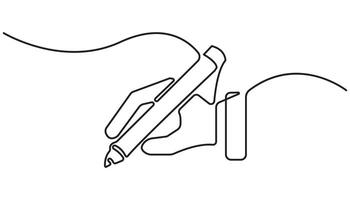 Hand holding pen and writing in one continuous line drawing. Letter and diary concept in simple linear style. School lesson symbol in editable stroke. vector