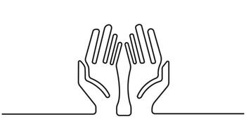 Praying hands one continuous line illustration isolated on transparent background. Religion, Christianity. vector