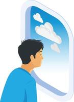 A young man gazing out of an airplane window vector