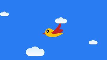 A simple red and yellow bird flies freely in a bright blue sky with clouds, symbolizing freedom, movement, and the beauty of avian life. video