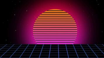 A nostalgic retro-futuristic scene featuring a neon-colored sunset with a digital grid on a dark background, inspired by synthwave aesthetics. video