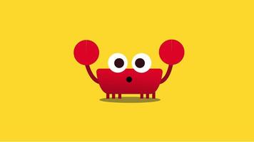 A cheerful red crab with big eyes and a friendly smile waves its claws on a bright yellow background, symbolizing coastal life and marine creatures. video