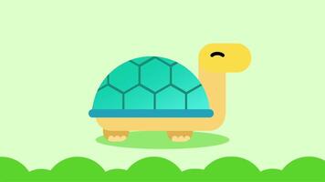 A slow-moving green turtle with a friendly expression walks across a grassy area, representing patience, longevity, and wisdom in nature. video