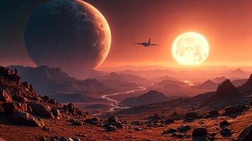 Alien Planet Sunset A spaceship soars above a breathtaking alien landscape, with a giant red sun and a large moon dominating the fiery sky. video