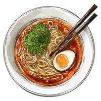 Illustration of a bowl of ramen with a half of an egg and green onions, isolated on a transparent background png