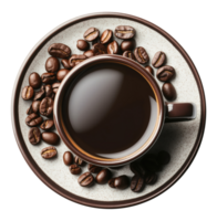 Cup of black coffee with coffee beans on a saucer, top view, isolated on a transparent background png